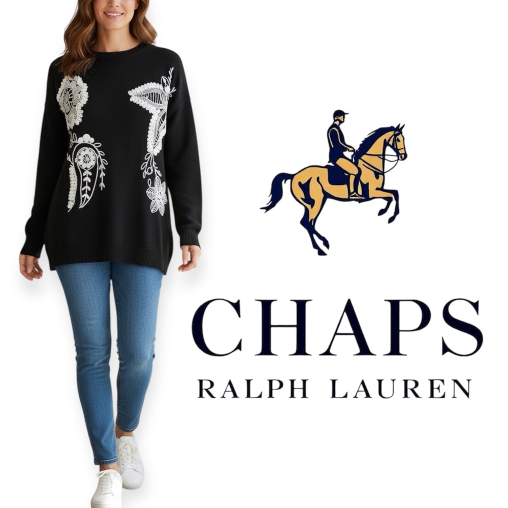 Chaps Ralph Lauren black and white sweater with paisley floral embroidery Large - Picture 3 of 11